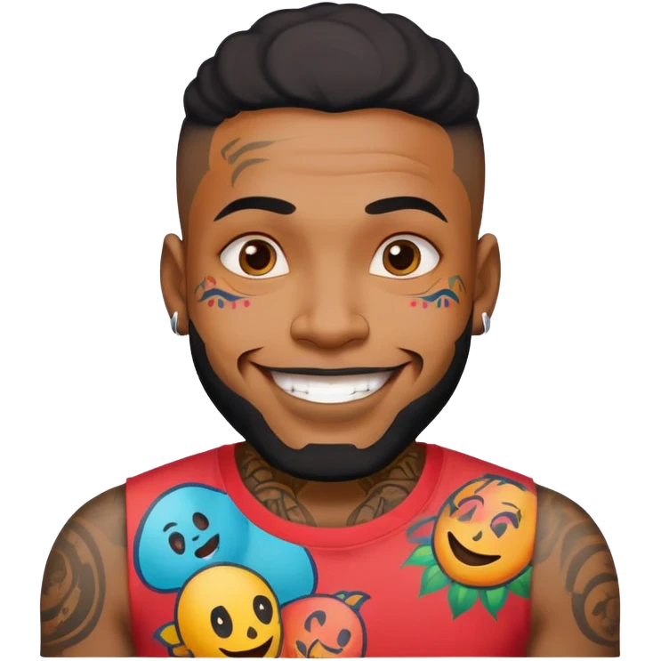 black man with bold face tattoos, happy face, wearing a colorful t-shirt emoji