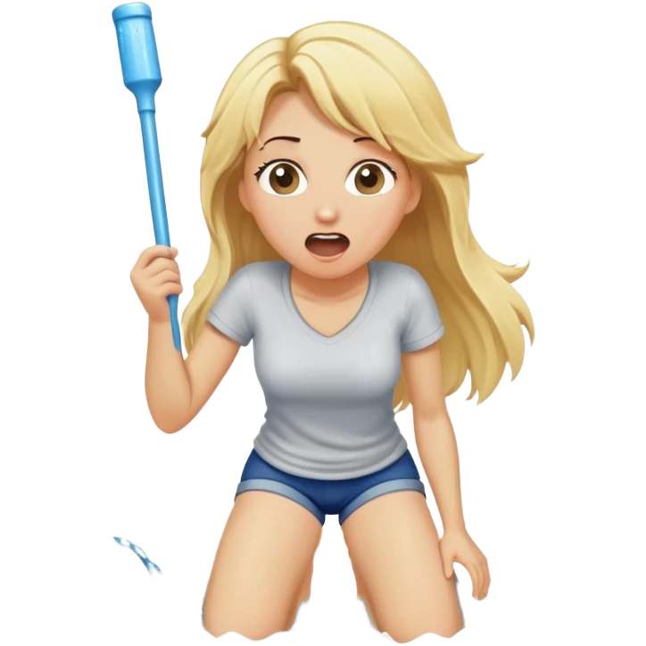 simple blond woman kneeling, surprised, big cartoon stick with D-shaped knob emerging from hanging pants, water splash into her mouth emoji