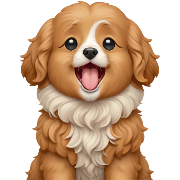 Cinematic Cute Yawning Apricot Cavoodle Portrait Emoji, Head tilted slightly with a dramatic, wide-open yawn, showcasing a soft, curly apricot coat with delicate white accents, floppy ears slightly drooping, round brown eyes barely open in drowsy contentment, Simplified yet irresistibly adorable features, highly detailed, glowing with a soft, cozy glow, high shine, relaxed yet expressive, stylized with a touch of whimsy, bright and endearing, soft glowing outline, capturing the essence of a sleepy yet affectionate companion, so drowsy it feels like it could stretch right out of the screen and curl up for a nap! emoji