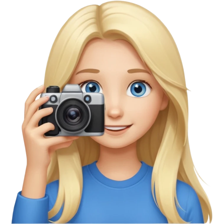  blue eyes blonde girl photographer cartoon taking picture in middle of taking picture camera in front of face long hair smiling funny flash professional, camera in front of face emoji