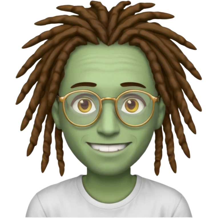 man with brown dreads white tee golden eyes light green skin glasses and white smile emoji
