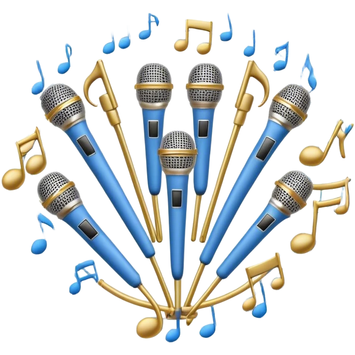 Create a harmonious and elegant emoji that represents choral singing. The design should feature multiple microphones arranged in a semi-circle, symbolizing a choir. Add musical notes flowing around to represent the harmony and unity of the voices. Include subtle elements like sheet music or a conductor's baton to reflect the organized aspect of choral performance. Use colors like gold, silver, and soft blue to evoke a sense of togetherness, professionalism, and grace. The background should be transparent. emoji