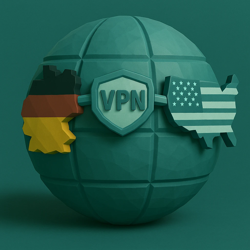 Edit the playful 3D globe with VPN and a connection between Germany and USA to have a teal color scheme with realistic shading and depth, maintaining the playful and 3D low poly style. emoji