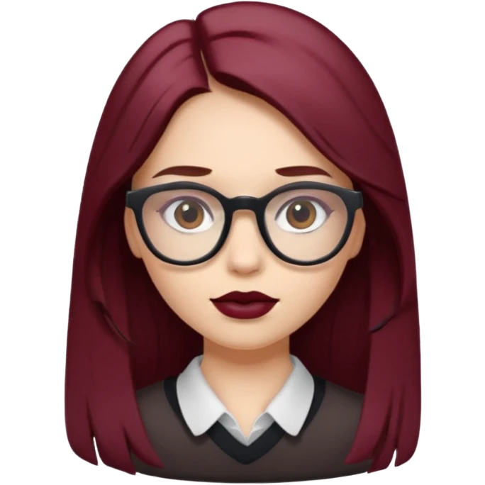 white-skinned girl with long brown hair showing maroon under hair, brown glasses, brown lipstick emoji