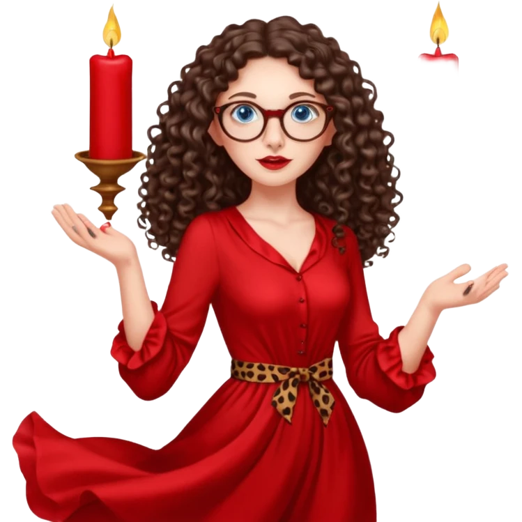 a blue eyed woman with very long brunette curly hair, full lips,and really pale skin. She is wearing a leopard printed thin round-ish glasses . She is wearing fully plain silky red dress. She is flying on the air. There are red candles in her hands. She is making a magic. emoji