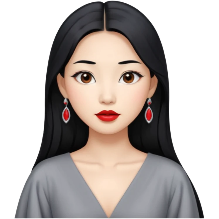 30 yr old asian woman, middle parted straight long black hair, very pretty, fancy grey dress, earings, red lipstick, silver earings emoji
