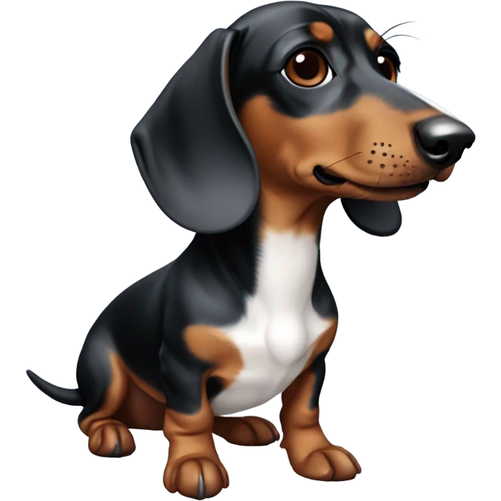 a dachshund, features a smooth coat with a white body patterned with dark brown patches and a brown head shaded with darker tones.  one blue eye emoji