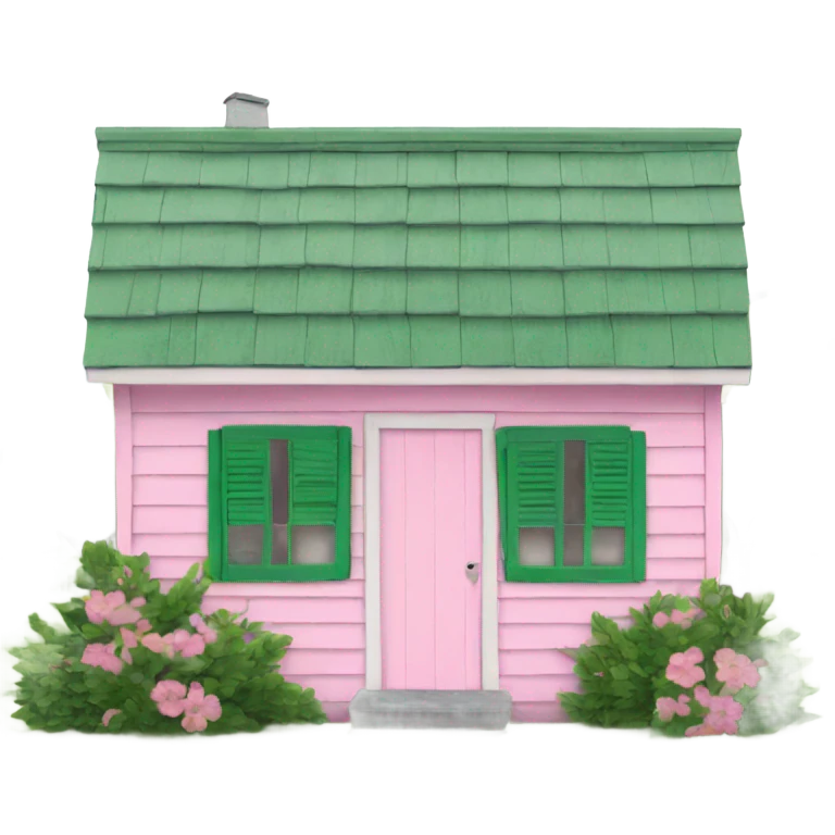 Small pink shack green shutters white roof emoji