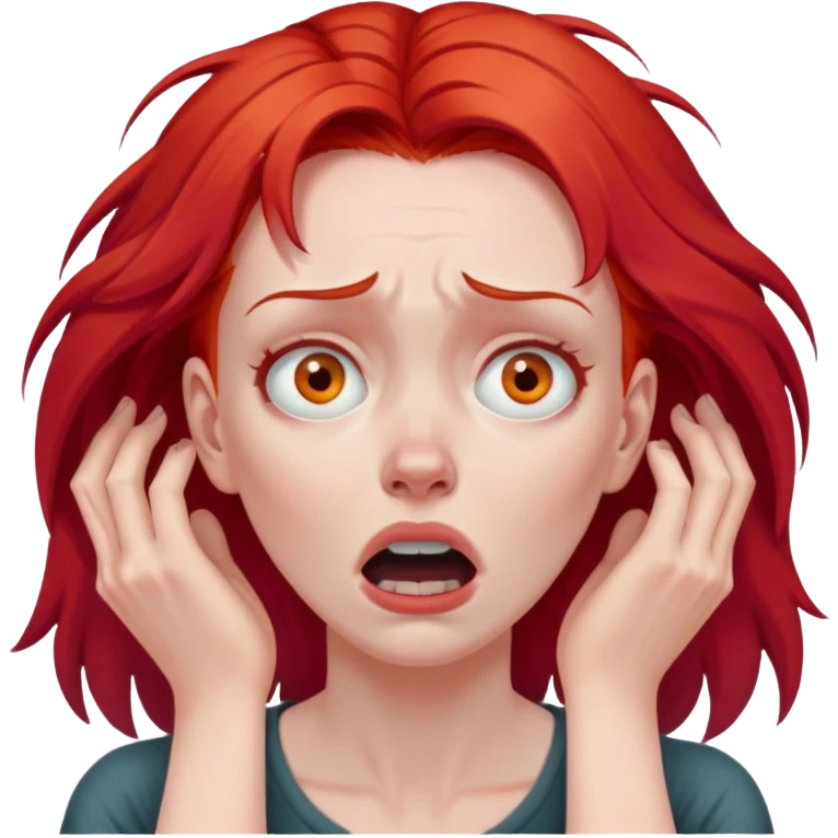 of a white woman with bright red hair, visibly distressed and clutching her neck with both hands, her face conveying a strong sense of panic and fear emoji