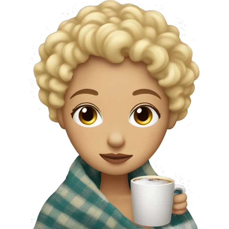 Blonde short hair curly girl inside a blanket sipping coffee eyes closed emoji