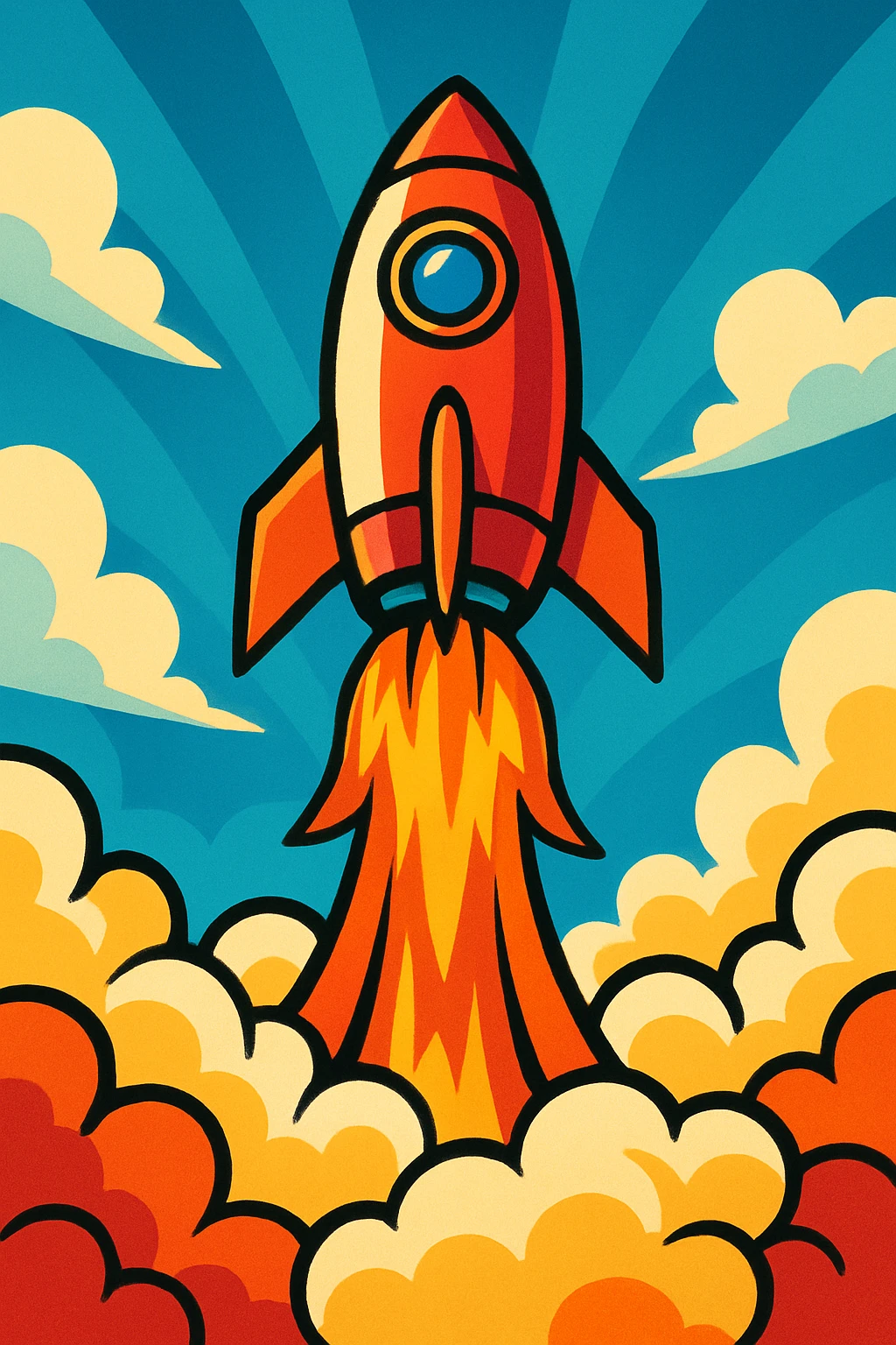 rocket ship blasting off viewed from below with fiery exhaust and clouds of smoke dynamic energetic style emoji