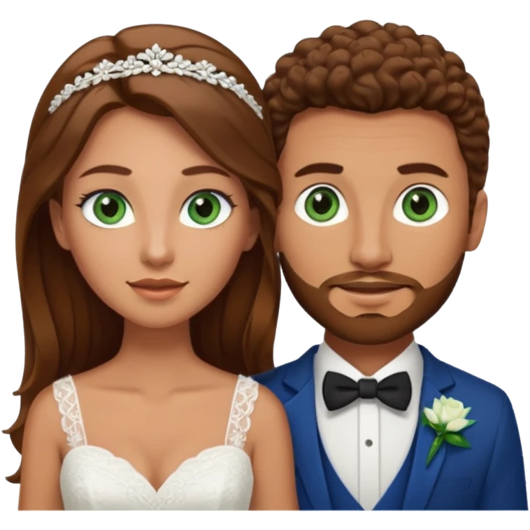 wedding couple, woman has long straight brown hair and green eyes, man has short light brown curly hair and facial hair with blue eyes emoji