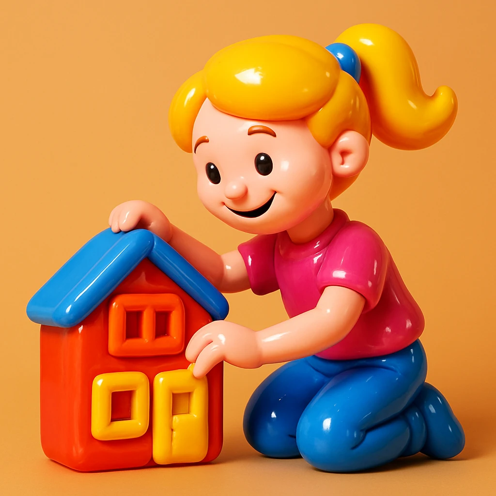 smiling girl arranging furniture in doll house emoji
