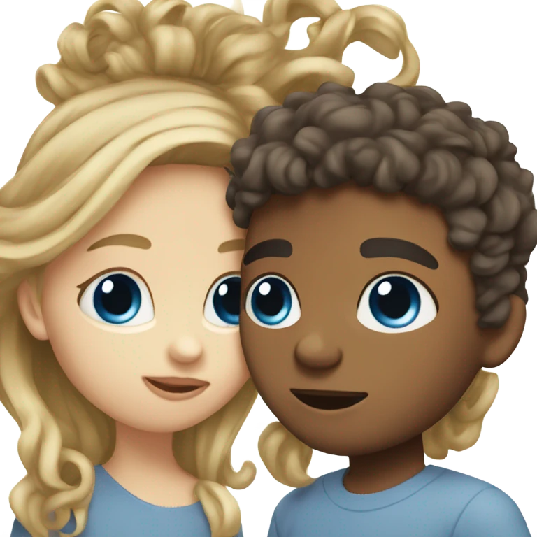 girl with straight blonde hair and blue eyes kissing mixed boy with curly brown hair emoji