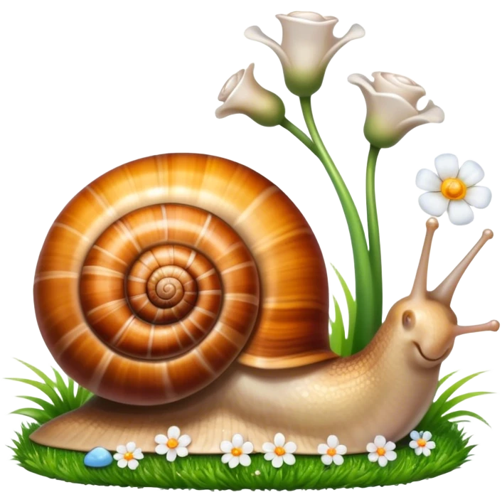 Close-up of large home snails inside a terrarium, showcasing their soft, spiral shells and glistening bodies, with a gentle light highlighting their details. With stones and grass and flowers. Transparent background. emoji