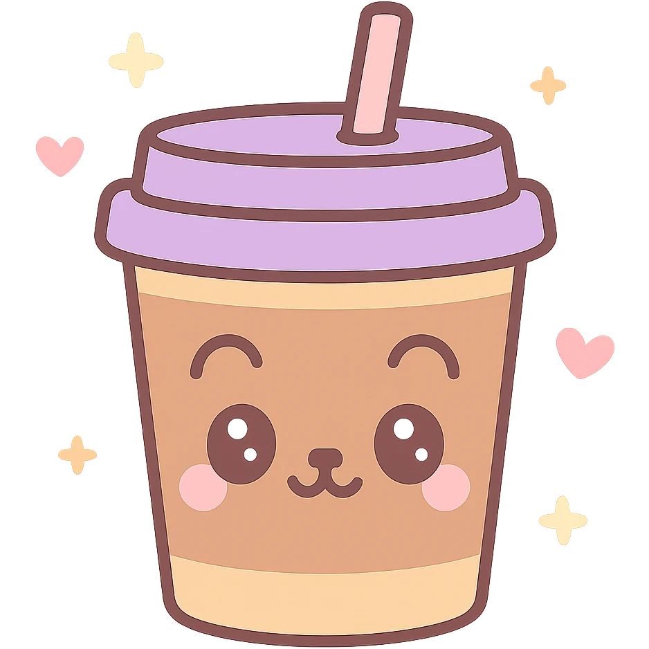 kawaii style takeaway mocha cup, cute animal face on the cup, pastel background, small hearts and stars, joyful mood emoji