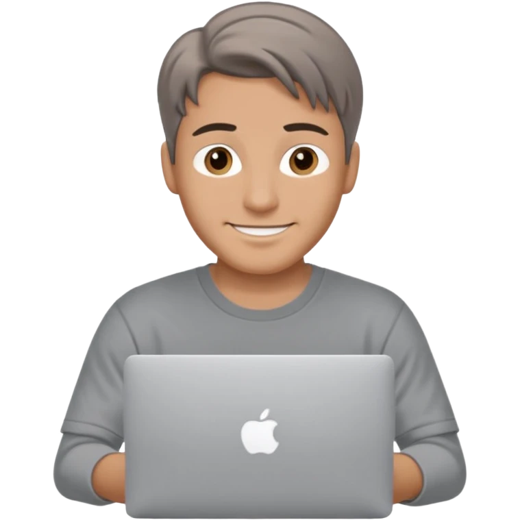 A man in his mid 20s, middle part average dude with slightly droopy eyes, happy, using a MacBook (no logo), hero for an iOS developers website emoji