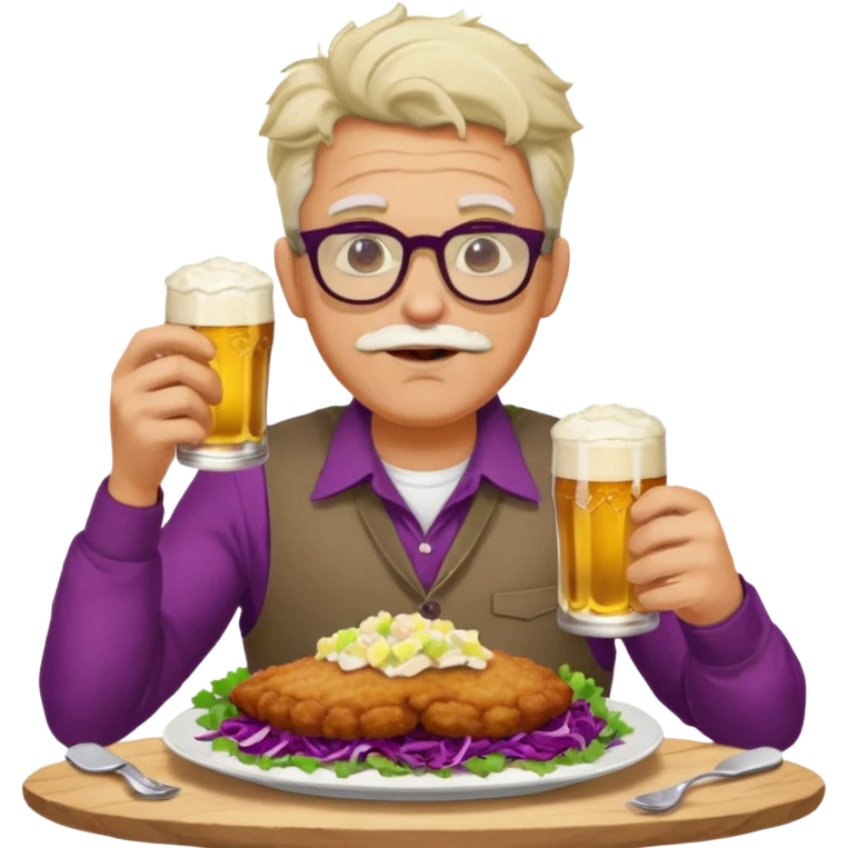 Man with wire framed glasses german eating schnitzel, red cabbage, sauerkraut, potato salad, and beer emoji