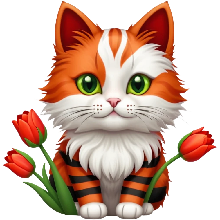 tricolor fluffy cat with big green eyes holding red tulips in her arms emoji