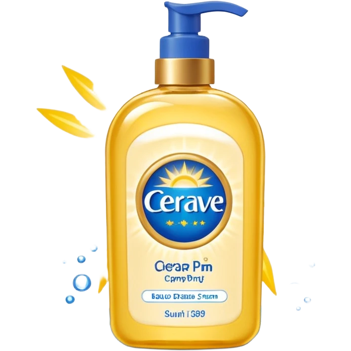 White CeraVe pump bottle with blue label and bright yellow  glow badge. Floating in golden morning light, encircled by radiant sunbeams and shimmering protective particles. Shield Glossy, potion-like, symbolizing daily moisture and powerful sun defense. emoji