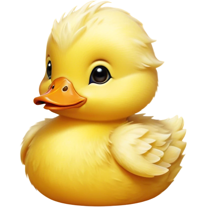 Cinematic Cute Yellow Baby Duck Portrait Emoji, Head tilted playfully and inquisitively, featuring a fluffy, vibrant yellow downy coat with a tiny delicate beak, round, sparkling eyes filled with curiosity, Simplified yet irresistibly adorable features, highly detailed, glowing with a warm, friendly glow, high shine, affectionate and spirited, stylized with a touch of playful whimsy, bright and endearing, soft glowing outline, capturing the essence of a mischievous yet loving duckling, so playful it feels like it could peep out of the screen and into your arms! emoji