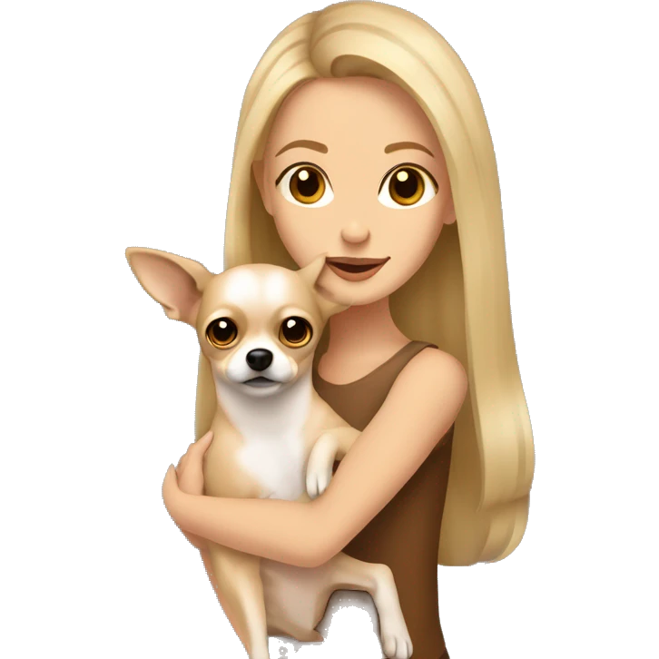 long dirty blonde hair, brown eyes, caucasian lady hugging tan chihuahua emoji