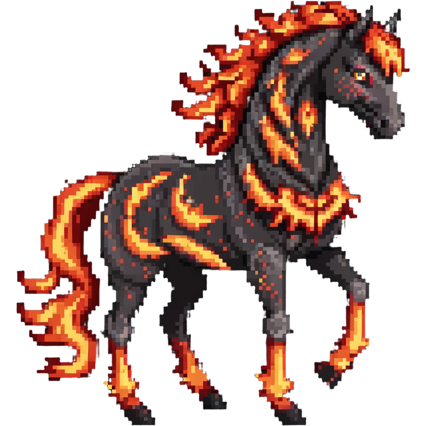 A red fire horse made of embers and magma, with visible lava flowing through its body, flames burning off its mane and tail, and ash particles surrounding it emoji