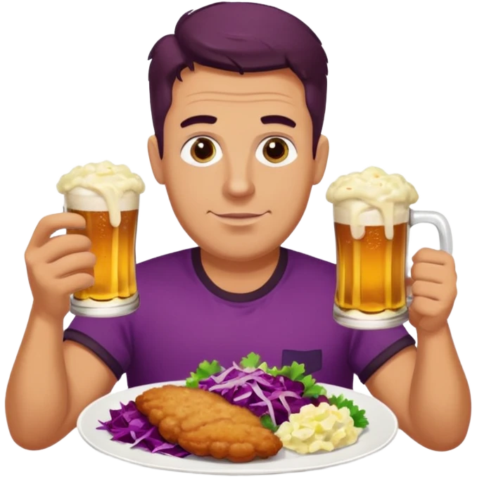 German man eating schnitzel, potato salad, red cabbage, sauerkraut, and beer emoji