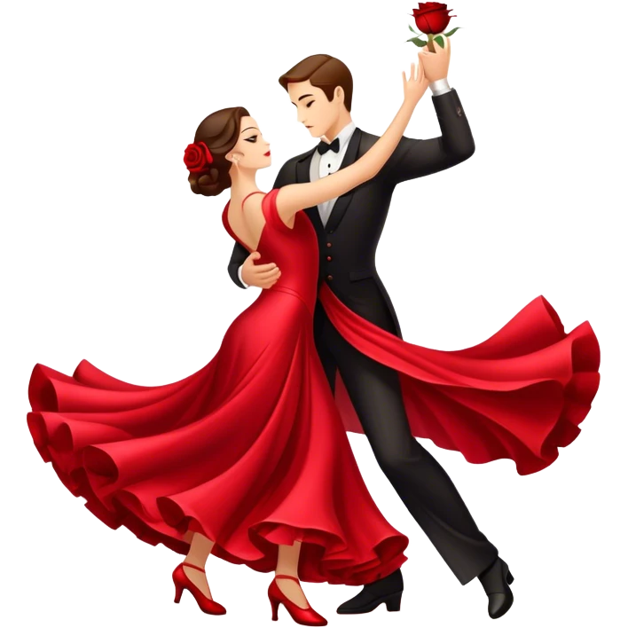 Icon for Ballroom Dancing: a pair of ballroom dance shoes, a rose, a dance floor, a flowing, voluminous ballroom dress in motion, and a shining spotlight. The icon should represent the elegance and atmosphere of ballroom dancing, focusing on the attire and setting. Transparent background. emoji