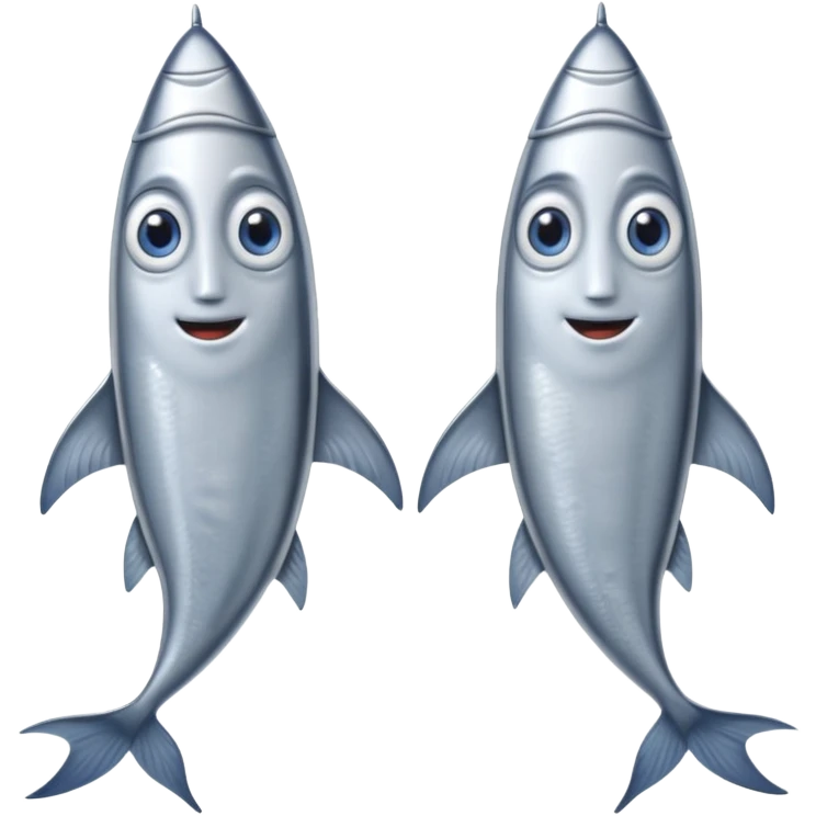 two whole sardines side by side, silvery skin, blue-gray tones, fine scale texture, slim elongated bodies, pointed heads, visible eyes, slightly curved tails, soft lighting, emoji scale emoji