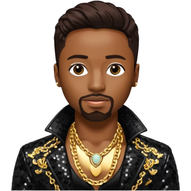 Teddy Riley with dark brown hair, black sequin jacket, shirtless with necklace  emoji