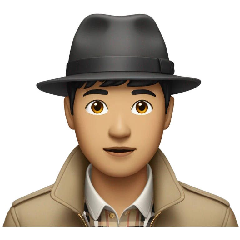 Asian man wearing burberry jacket with hat emoji