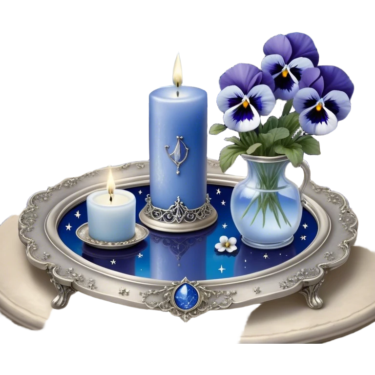 An enchanting nighttime scene where rich blue pansies bloom in a mystical landscape, their petals appearing almost luminous under the soft radiance of a silver crescent moon. A pearl-colored candle, embellished with intricate celestial symbols, sits atop an antique mirror tray, reflecting its warm glow. Wisps of silver mist curl around the flowers, and tiny glowing stars seem to hover just above the ground, adding to the dreamlike atmosphere. In the distance, a faint silhouette of a gothic archway frames the moon, enhancing the scene’s otherworldly beauty. emoji