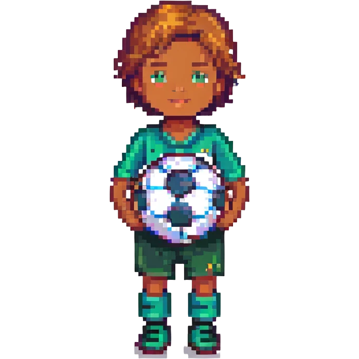 joyful elementary school boy with a soccer ball, pixel art style emoji