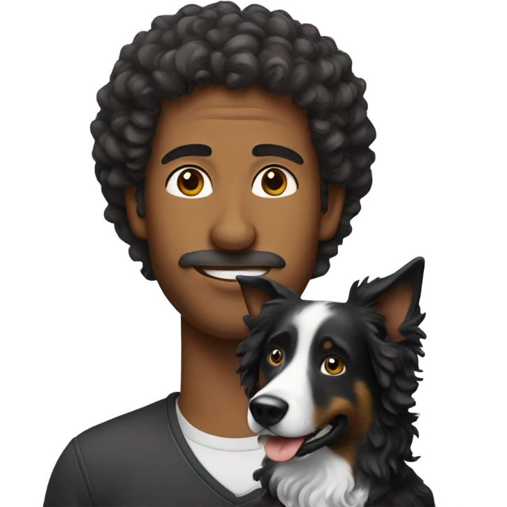 A man with curly hair with a Border collie emoji