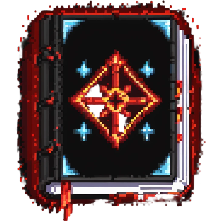 red spellbook emitting magical glowing runes and sparkles emoji