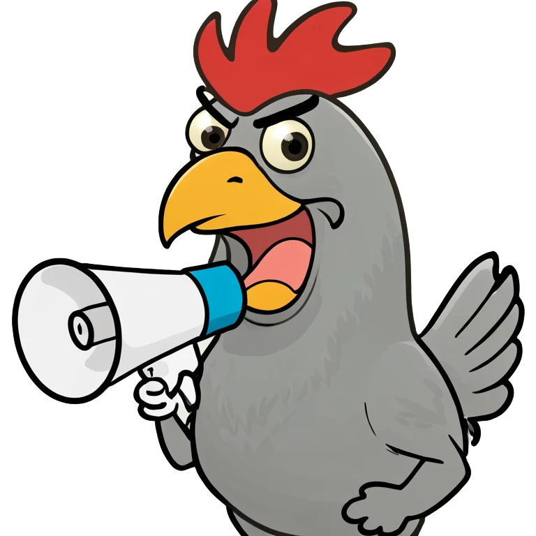 goofy over-the-top rooster with a megaphone yelling 'tung tung tung sahur', brainrot meme-inspired style emoji