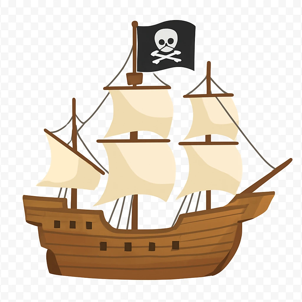 pirate ship with skull and crossbones flag, wooden sailing vessel with multiple sails emoji