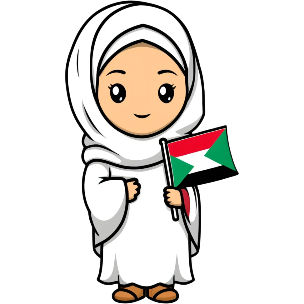 a hijab-wearing girl wearing the Palestinian keffiyeh and holding the Oman flag, cartoonish sticker style emoji