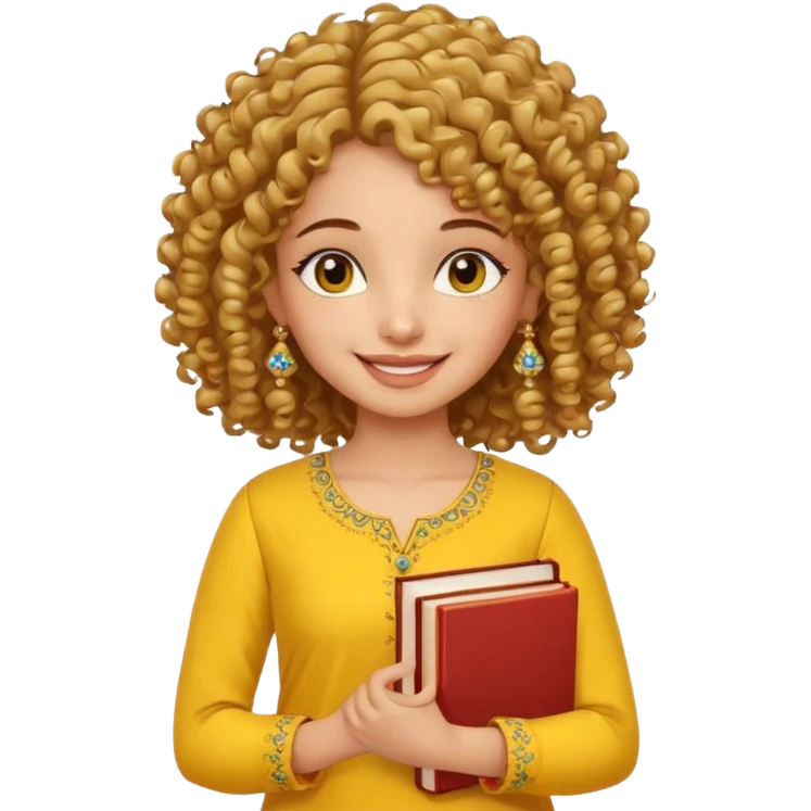 a pretty bratz girl with curly hair wearing a yellow kurti, eyeliner, jhumkas, carrying books emoji