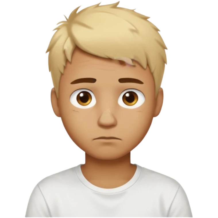 Male with short, messy blonde hair, large expressive golden-brown eyes, brown skin color, scar over nose, wearing a plain white t-shirt. emoji