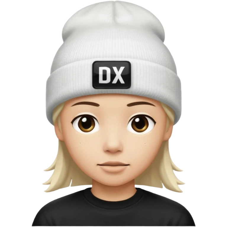 wearing a white beanie with an black square logo with the word "DX" written on it.

 emoji