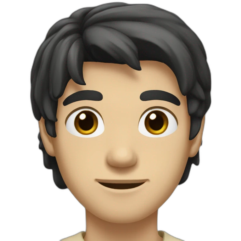 a white teenager with a long classic hairstyle, he has black hair, he has black eyes, he also has a beige T-shirt, he is tall, he has an elongated neck and head emoji