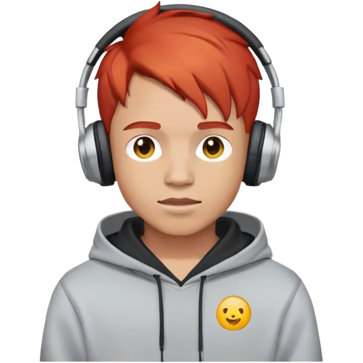 young male with red hair, wearing headphones and a hoodie with 'woojuo' printed on the chest, emoji style, simple and bright emoji