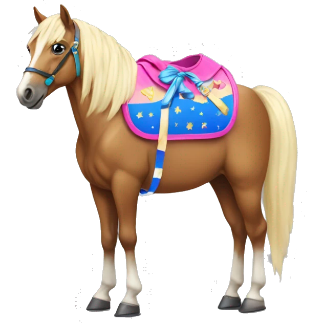Sad horse wearing a beauty pageant satchel emoji