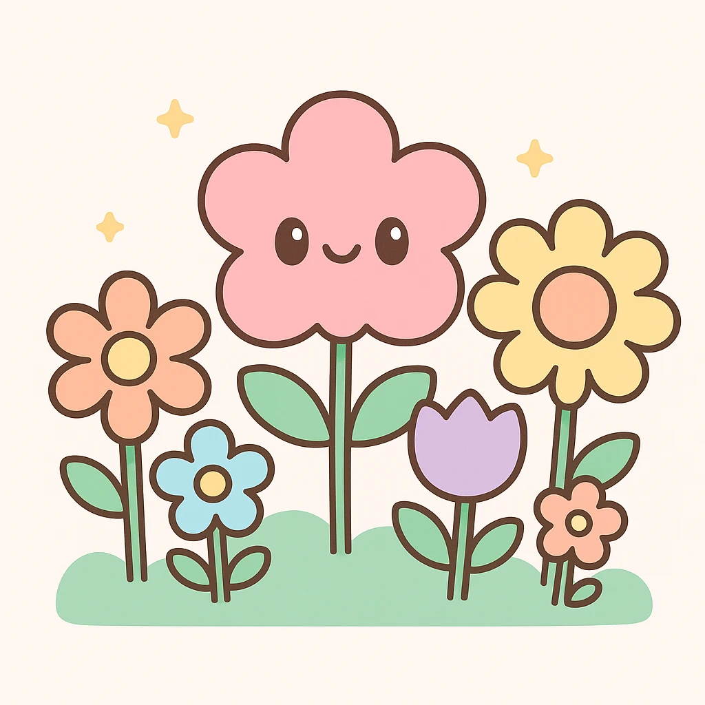 flower bed with various flowers, bright and warm colors, simple and cute style emoji