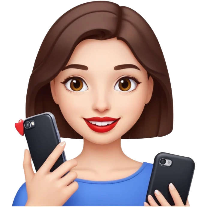 A girl with a phone takes a selfie and sticks out her silicone lips emoji
