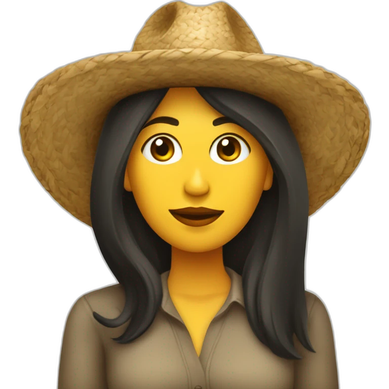 Mujer morena cabello largo con sombrero creando ideas para redes sociales  emoji