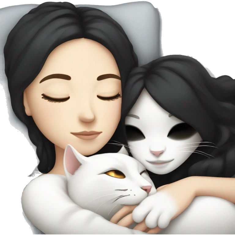 White girl with black hair sleeping with white cat emoji
