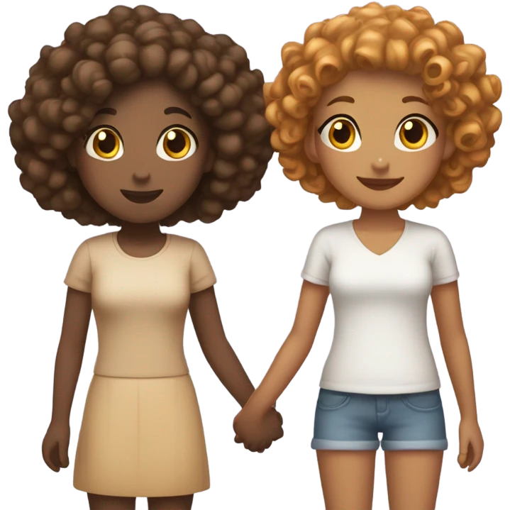 Full body, Two girls holding hands Carmel skin  one  with a curly bun and one feminine with curly hair emoji